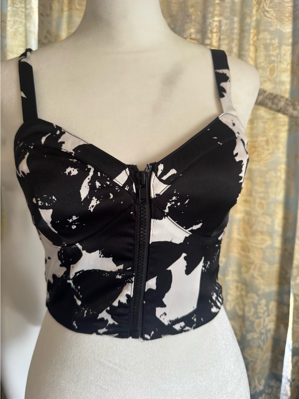 Mustard seed Black & White Abstract Zip-Front Bustier Top